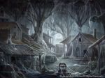  commentary crate forest highres horror_(theme) lantern nature no_humans official_art outdoors ruins scenery seisen_cerberus silk spider_web town tree watermark well z.dk 