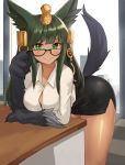  absurdres alternate_costume animal_ears anubis_(monster_girl_encyclopedia) bent_over bespectacled black-framed_eyewear black_bra black_skirt blush bra bra_peek breasts bursting_breasts button_gap closed_mouth collared_shirt commentary commentary_request day desk egyptian english_commentary glasses gold_trim green_hair green_neckwear hair_ornament headdress highres indoors jackal_ears jackal_tail large_breasts long_hair long_sleeves looking_at_viewer miniskirt monster_girl monster_girl_encyclopedia paws pencil_skirt shirt skirt smile snake_hair_ornament solo sookmo standing tail third-party_source underwear white_shirt window wing_collar 