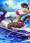  2018 5_fingers adorableinall anthro breasts day detailed_background digital_media_(artwork) ear_piercing female fur jetski mammal nipple_bulge nitricacid open_mouth outside piercing pink_eyes pinup pose sky smile solo spots spotted_fur teeth tongue water 