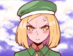  anger_vein angry arutemawp87 blonde_hair blue_sky blush cloud cloudy_sky coat commentary_request fate/grand_order fate_(series) frown green_coat green_hat hat highres looking_at_viewer paul_bunyan_(fate/grand_order) pixiv_fate/grand_order_contest_2 portrait short_hair sky solo yellow_eyes 