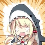  blonde_hair capelet cherry_hair_ornament crying food_themed_hair_ornament girls_frontline hair_ornament hakokon long_hair military open_mouth ppsh-41_(girls_frontline) shark solo twintails 