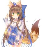  animal_ears arm_up bangs bell blue_bow blue_neckwear blue_skirt blush bow brown_hair collarbone eyebrows_visible_through_hair fingernails fox_ears fox_girl fox_tail green_eyes hair_bell hair_between_eyes hair_bow hair_intakes hair_ornament highres jingle_bell long_hair long_sleeves looking_at_viewer monaka_natsume necktie original pleated_skirt ribbon-trimmed_sleeves ribbon_trim sailor_collar school_uniform serafuku shiny shiny_hair shirt sidelocks simple_background skirt sleeves_past_wrists solo tail very_long_hair white_background white_sailor_collar white_shirt 