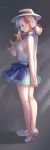  alternate_costume aqua_skirt arms_behind_back bangs bare_legs bare_shoulders blonde_hair blouse blue_eyes blue_hair blue_ribbon closed_mouth commandant_teste_(kantai_collection) commentary_request emia_wang from_side full_body grey_background hat highres kantai_collection loafers long_hair multicolored multicolored_clothes multicolored_hair ponytail_holder red_hair ribbon sad shoes side_ponytail skirt sleeveless sleeveless_blouse streaked_hair swept_bangs white_blouse white_hair 