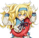  alternate_costume anger_vein blonde_hair blue_eyes blue_hairband blush buttons commentary dress enemy_lifebuoy_(kantai_collection) gambier_bay_(kantai_collection) hair_between_eyes hairband kamen_rider kamen_rider_drive_(series) kantai_collection long_hair long_sleeves open_mouth sailor_dress shinkaisei-kan simple_background solo tk8d32 twintails white_background white_dress 