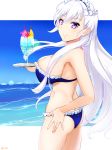  ass azur_lane bangs bare_arms bare_shoulders belfast_(azur_lane) bikini blue_bikini blue_sky blush braid breasts caruta closed_mouth commentary day eyebrows_visible_through_hair fingernails flat_ass frilled_bikini frills hair_between_eyes holding holding_tray horizon large_breasts long_hair maid_headdress ocean outdoors purple_eyes silver_hair sky smile solo swimsuit tray twitter_username very_long_hair water 
