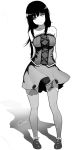 arms_behind_back artist_name bangs bare_shoulders blush breasts cash007 collarbone flower full_body garter_straps greyscale head_tilt highres large_breasts long_hair looking_at_viewer miniskirt monochrome original shadow skirt solo standing strapless_shirt thighhighs wind 