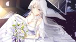  alternate_costume azur_lane bangs bare_shoulders bell bouquet bow breasts bridal_veil choker cleavage closed_mouth collarbone commentary_request dress earrings enterprise_(azur_lane) eyebrows eyebrows_visible_through_hair floating_hair flower from_above hair_between_eyes highres holding holding_bouquet indoors jewelry large_breasts leaf long_hair necklace petals purple_eyes rose sidelocks silver_hair skirt_hold smile solo standing straight_hair strapless strapless_dress tiara veil wedding_dress white_bow white_dress white_flower white_rose youki_yt 