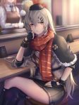  absurdres apron asymmetrical_legwear bad_revision bangs black_skirt blonde_hair braid breasts brown_hair commentary crossed_legs downscaled_revision dress eyebrows_visible_through_hair fingerless_gloves g36_(girls_frontline) girls_frontline gloves hair_between_eyes hair_ornament hair_rings hairclip hand_on_hip head_on_hand highres large_breasts long_hair long_sleeves looking_at_viewer m1903_springfield_(girls_frontline) maid maid_headdress md5_mismatch multiple_girls pleated_skirt ribbon scarf sidelocks silver_hair sitting skirt smile svd_(girls_frontline) texture thighhighs very_long_hair white_dress xyufsky 