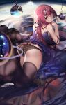  ass bare_shoulders breasts commentary_request dress fate/grand_order fate_(series) foreshortening hair_between_eyes headpiece highres jewelry large_breasts lingerie long_hair looking_back lying no_shoes on_stomach orb pixiv_fate/grand_order_contest_2 purple_dress purple_hair rabbit_(tukenitian) red_eyes scathach_(fate)_(all) scathach_skadi_(fate/grand_order) smile solo thighhighs tiara underwear 