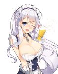  ;d alcohol azur_lane bangs bare_shoulders beer belfast_(azur_lane) blue_dress blue_eyes blush braid breasts broken broken_chain chain cleavage collarbone commentary cup dress drinking_glass elbow_gloves eyebrows_visible_through_hair foam gloves holding holding_cup large_breasts long_hair looking_at_viewer nose_blush one_eye_closed open_mouth silver_hair sleeveless sleeveless_dress smile solo tp_(kido_94) very_long_hair white_gloves 