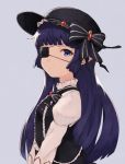  absurdres arms bangs black_bow black_dress black_hat black_neckwear blue_eyes blue_hair blunt_bangs bow closed_mouth dress eyepatch frilled_dress frills from_side gothic_lolita granblue_fantasy hair_bow hat highres juliet_sleeves koretsuki_azuma lolita_fashion long_hair long_sleeves looking_at_viewer lunalu_(granblue_fantasy) one_eye_covered pointy_ears puffy_sleeves striped striped_bow very_long_hair 