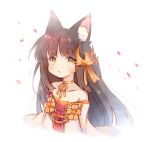  animal_ears azur_lane bangs bare_shoulders blush brown_eyes brown_hair cat_ears collarbone dress eyebrows_visible_through_hair hair_ornament long_hair looking_at_viewer lowres nagato_(azur_lane) parted_lips petals red_dress sakurato_ototo_shizuku solo strapless strapless_dress upper_body very_long_hair white_background 