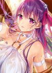  armlet bangs bare_shoulders belt_collar breasts collarbone commentary eyebrows_visible_through_hair fate/extra fate/extra_ccc fate/grand_order fate_(series) hair_between_eyes hair_ribbon huge_breasts murakami_yuichi o-ring o-ring_top outdoors passion_lip pink_eyes pink_ribbon purple_eyes purple_hair pursed_lips revealing_clothes ribbon see-through 