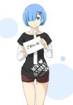  1girl black_shirt blue_eyes blue_hair brown_shorts hair_ornament hair_over_one_eye holding long_sleeves looking_at_viewer necktie print_shirt re:zero_kara_hajimeru_isekai_seikatsu rem_(re:zero) saruno_(eyesonly712) shiny shiny_hair shirt short_hair short_over_long_sleeves short_shorts short_sleeves shorts solo standing thigh_gap white_background white_neckwear x_hair_ornament 