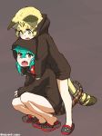  alternate_costume animal_ears aqua_hair bare_legs blonde_hair blush cat_ears cat_tail commentary_request crocs fang full_body hair_between_eyes headphones headphones_around_neck hood hoodie intertwined_tails kemono_friends long_sleeves multicolored_hair multiple_girls open_mouth sand_cat_(kemono_friends) short_hair snake_tail squatting tail tsuchinoko_(kemono_friends) turbo_engine_(rakugaki_tabo) 