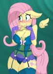  2018 anthro anthrofied blue_eyes blush breasts choker cleavage clothed clothing equine female fingerless_gloves fluttershy_(mlp) friendship_is_magic gloves green_background jrvanesbroek legwear lingerie mammal my_little_pony panties pegasus shy simple_background solo stockings underwear wings 