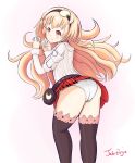  1girl artist_name ass blonde_hair blush breasts choujigen_game_neptune compa compile_heart from_behind hairband idea_factory jabebeja large_breasts long_hair looking_at_viewer miniskirt neptune_(series) orange_eyes panties sideboob skirt smile solo sweater thighhighs very_long_hair 