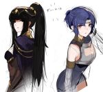  adjusting_hair armor bangs bare_shoulders black_hair blue_eyes blue_hair blunt_bangs bodystocking bodysuit bracelet breastplate breasts cape chest_armor circlet cleavage commentary elbow_gloves fire_emblem fire_emblem:_kakusei fire_emblem:_monshou_no_nazo fire_emblem_heroes from_side gloves hair_ornament hair_tucking headband high_ponytail jewelry katua looking_at_viewer looking_to_the_side multiple_girls ormille pegasus_knight short_hair sideboob sidelocks sketch skin_tight smile tharja thighhighs tiara translated 