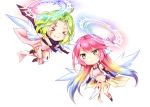  &gt;_&lt; :&lt; :3 ahoge angel_wings azriel_(no_game_no_life) blush breasts chibi closed_mouth crop_top facial_tattoo feathered_wings flying gloves gradient_hair green_hair halo ikasoke_(likerm6au) jibril_(no_game_no_life) long_hair low_wings magic_circle medium_breasts midriff mismatched_legwear multicolored_hair multiple_girls navel no_game_no_life pink_hair scarf shoes short_hair single_shoe smile stomach tattoo thighhighs very_long_hair white_wings wing_ears wings x3 yellow_eyes 
