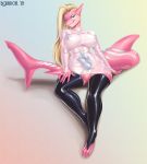  2018 anthro areola balls blonde_hair blue_eyes bourbon._(artist) breasts clothed clothing dickgirl digital_media_(artwork) diphallism fish hair hi_res intersex legwear long_hair looking_at_viewer marine multi_penis nipples non-mammal_breasts penis rubber shark signature smile solo thigh_highs translucent transparent_clothing 