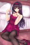  1girl alternate_costume bangs bed bedroom black_hair black_legwear blurry blurry_background blush breasts cleavage collarbone condom condom_wrapper dress female garters hair_between_eyes hairband high_heels highres holding holding_condom index_finger_raised indoors kasumigaoka_utaha lens_flare long_hair looking_at_viewer lucky_keai medium_breasts pantyhose pillow pumps red_dress red_eyes red_footwear red_hairband saenai_heroine_no_sodatekata shiny shiny_hair short_dress sitting smile solo strapless strapless_dress very_long_hair 