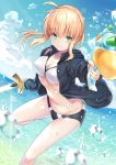  ahoge artoria_pendragon_(all) artoria_pendragon_(swimsuit_archer) bangs bikini black_jacket blonde_hair blue_sky braid breasts cleavage commentary_request day excalibur eyebrows_visible_through_hair fate/grand_order fate_(series) glowing glowing_sword glowing_weapon green_eyes highres holding holding_sword holding_weapon jacket looking_at_viewer medium_breasts nagiha_kuten navel ocean open_clothes open_jacket sky smile solo splashing swimsuit sword water_gun weapon white_bikini 