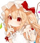  alternate_costume artist_name bare_arms blonde_hair blush bow commentary_request crystal finger_to_cheek flandre_scarlet gotoh510 hair_between_eyes hands_up hat hat_bow heart highres index_finger_raised long_hair looking_at_viewer mob_cap nail_polish one_side_up pointy_ears red_bow red_eyes red_nails red_ribbon ribbon signature simple_background sleeveless solo touhou upper_body white_background white_hat wings wrist_cuffs 