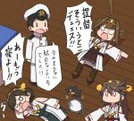  1boy 3girls admiral_(kantai_collection) ahoge black_hair brown_hair double_bun glasses hair_ornament haruna_(kantai_collection) hiei_(kantai_collection) japanese_clothes kantai_collection kirishima_(kantai_collection) kongou_(kantai_collection) kuroiani long_hair miko military military_uniform multiple_girls parody racket short_hair style_parody tennis_racket translation_request ueno-san_wa_bukiyou uniform 