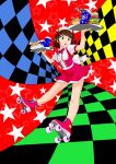  :o abstract_background amami_haruka back_bow bare_legs bendy_straw bow brown_hair center_frills checkered checkered_background commentary_request cup disposable_cup dress drinking_straw food full_body green_eyes hamburger holding holding_tray idolmaster idolmaster_(classic) outstretched_legs pink_bow red_background red_dress red_neckwear red_ribbon ribbon roller_skates shirt short_hair short_sleeves skates soda solo spilling star starry_background todoroki_convoy tray underbust waitress wheel white_shirt 
