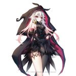  2017 black_dress black_gloves breasts character_request cleavage closed_mouth company_name dress eyebrows_visible_through_hair gloves jewelry long_hair looking_at_viewer medium_breasts multicolored_hair necklace official_art red_eyes red_hair snow_is solo two-tone_hair white_hair witch_springs 
