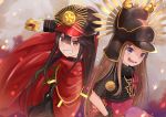  arm_up aunt_and_niece bad_id bad_pixiv_id bangs black_capelet black_hat black_jacket brown_hair cape capelet chacha_(fate/grand_order) commentary_request dutch_angle eyebrows_visible_through_hair family_crest fate/grand_order fate_(series) fur_collar gloves grin hair_between_eyes hand_on_hip hat holding holding_sword holding_weapon jacket katana koha-ace long_hair long_sleeves looking_at_viewer miko_fly military_hat multiple_girls oda_nobunaga_(fate) oda_uri peaked_cap pixiv_fate/grand_order_contest_2 purple_eyes red_cape red_eyes see-through smile sword very_long_hair weapon white_gloves 