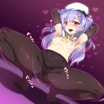  absurdres ajax_(azur_lane) armpits arms_up azur_lane breasts crotch_seam detached_collar elbow_gloves eyebrows_visible_through_hair gloves hair_ornament hairclip harigane_shinshi hat heart highres hypnosis long_hair mind_control nipples open_mouth pantyhose purple_background purple_hair saliva small_breasts solo spread_legs squatting tongue tongue_out topless 