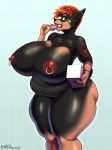  2018 absurd_res anthro belly big_breasts big_butt breasts butt canine doberman dog doughnut ear_piercing eating female food hi_res holding_object huge_breasts huge_butt looking_at_viewer mammal nipple_piercing nipples nude piercing plankboy simple_background slightly_chubby solo tattoo thick_thighs wide_hips 