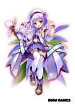  copyright_name dmm flower flower_knight_girl full_body hair_flower hair_ornament hat hat_ribbon highres huei_nazuki leaf leaf_background long_hair looking_at_viewer purple_eyes purple_hair purple_skirt ribbon sawagikyou_(flower_knight_girl) skirt smile staff standing white_background 