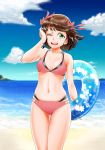  ;d absurdres amami_haruka bare_arms bare_shoulders beach bikini blue_sky blush bow brown_hair cloud commentary cowboy_shot day green_eyes hair_bow hair_ribbon highres holding holding_innertube horizon idolmaster idolmaster_(classic) innertube looking_at_viewer navel one_eye_closed open_mouth outdoors pink_bikini pink_bow pink_ribbon ribbon sand short_hair sky smile solo standing stomach swimsuit thigh_gap todoroki_convoy water 