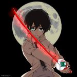  bangs black_hair blue_eyes collared_shirt commentary_request darling_in_the_franxx grey_shirt hiro_(darling_in_the_franxx) holding holding_sword holding_weapon jacket kiasa20 looking_at_viewer male_focus moon necktie objectification open_clothes open_jacket parody shirt signature solo soul_eater sword weapon white_jacket white_neckwear wing_collar zero_two_(darling_in_the_franxx) 