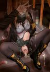  after_sex armband belt boots bra brown_hair can condom covering_face cross-laced_footwear crotchless_pantyhose cum cum_in_pussy cum_on_body cum_on_clothes cum_on_lower_body cum_pool girls_frontline heavy_breathing highres jacket lace-up_boots long_hair miniskirt pleated_skirt pointless_condom pubic_hair public_use pussy see-through skirt solo spread_legs stairs testame thighhighs twintails ump9_(girls_frontline) underwear used_condom v 