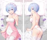  1girl :d artist_name ass back blanket blue_eyes blue_hair blush bra breasts closed_mouth collarbone cowboy_shot dakimakura dress finger_to_cheek flower frills from_above garter_belt hair_ornament hairband hand_on_own_chest index_finger_raised lolita_hairband lying mattress medium_breasts multiple_views neck_garter on_back on_stomach open_mouth panties pantyhose pillow pink_dress purple_flower purple_rose re:zero_kara_hajimeru_isekai_seikatsu red_ribbon rem_(re:zero) ribbon rimuu rose short_hair sleeveless sleeveless_dress smile tareme thighhighs underwear underwear_only upper_teeth watermark web_address white_bra white_legwear white_panties x_hair_ornament 