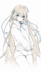  ahoge blue_eyes blue_ribbon blush brown_hair closed_mouth eyebrows_visible_through_hair hair_ribbon highres hood hoodie long_hair looking_at_viewer original partially_colored ribbon sketch sleeves_past_wrists snow_is solo twitter_username very_long_hair 
