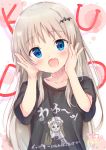  :d arms_up bat_hair_ornament black_shirt blue_eyes blush clothes_writing collarbone commentary_request fang hair_ornament hands_on_own_cheeks hands_on_own_face head_tilt heart heart_in_eye kud_wafter light_brown_hair little_busters! long_hair maruma_(maruma_gic) noumi_kudryavka open_mouth print_shirt shirt short_sleeves signature smile solo symbol_in_eye translation_request very_long_hair 