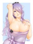  1girl absurdres alternate_costume arm_behind_head arm_up armpits artist_name bare_shoulders breasts camilla_(fire_emblem_if) cleavage collarbone commentary eyelashes fire_emblem fire_emblem_heroes fire_emblem_if hair_over_one_eye hand_on_own_chest highres large_breasts long_hair looking_at_viewer naked_towel nintendo no_bra parted_lips purple_eyes purple_hair shiny shiny_skin simple_background smile solo thefarelo tiara towel upper_body very_long_hair wavy_hair 