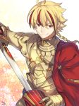  ahoge armor avalon_(fate/stay_night) blonde_hair braid cape closed_mouth excalibur eyebrows_visible_through_hair fate/strange_fake fate_(series) gold_armor holding holding_sheath holding_sword holding_weapon knight looking_at_viewer male_focus multicolored_hair nikame red_cape red_eyes red_hair saber_(fate/strange_fake) sheath signature single_braid smile solo sword weapon 