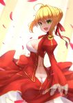  :d ahoge blonde_hair breasts butt_crack cleavage epaulettes eyebrows_visible_through_hair fate/extra fate_(series) green_eyes hair_ribbon highres jirofly long_sleeves looking_at_viewer medium_breasts nero_claudius_(fate) nero_claudius_(fate)_(all) open_mouth petals pixiv_fate/grand_order_contest_2 red_ribbon ribbon short_hair sideboob smile solo 
