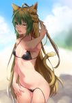 ahoge animal_ears atalanta_(fate) beach bikini black_bikini blonde_hair blue_sky breasts cat_ears cat_tail cloud commentary_request day fate/apocrypha fate_(series) green_hair highres long_hair looking_to_the_side medium_breasts multicolored_hair navel outdoors sky solo standing swimsuit tail tanaka_arumi two-tone_hair yellow_eyes 