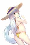  ass bikini blue_eyes commentary_request eyebrows_visible_through_hair food from_behind hat hibiki_(kantai_collection) holding ice_cream innertube kantai_collection kure_(kure_ng) long_hair looking_at_viewer popsicle silver_hair simple_background solo straw_hat swimsuit white_background yellow_swimsuit 