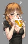  92m @_@ alcohol beer black_blouse blouse blush breasts brown_eyes brown_hair cleavage commentary_request cup drinking drunk idolmaster idolmaster_cinderella_girls idolmaster_cinderella_girls_starlight_stage katagiri_sanae low_twintails mug ringed_eyes solo twintails upper_body 
