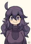  absurdres ahoge al_bhed_eyes beige_background big_hair breasts chichibu_(chichichibu) closed_mouth commentary_request hairband hex_maniac_(pokemon) highres light_blush long_hair long_sleeves looking_at_viewer medium_breasts messy_hair pokemon pokemon_(game) pokemon_xy purple_eyes purple_hair purple_hairband purple_sweater ribbed_sweater simple_background smile solo sweater turtleneck turtleneck_sweater upper_body 