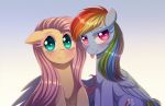  2018 blush digital_media_(artwork) duo equine feathered_wings feathers female feral fluttershy_(mlp) friendship_is_magic gradient_background hair looking_at_viewer mammal momomistress multicolored_hair multicolored_tail my_little_pony pegasus pink_eyes pink_hair rainbow_dash_(mlp) rainbow_hair rainbow_tail simple_background smile teal_eyes tongue tongue_out wings 