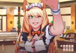  ;d animal_ear_fluff animal_ears bakery blonde_hair blurry blurry_background bow bowtie cat_ears character_name commission depth_of_field dialogue_box english fake_screenshot fangs frills gameplay_mechanics green_eyes grin hair_between_eyes hand_up indoors less lips lipstick long_hair looking_at_viewer maid maid_headdress makeup maple_(sayori) nekopara one_eye_closed open_mouth orange_neckwear petting pov puffy_short_sleeves puffy_sleeves red_lipstick ringed_eyes shop short_sleeves signature smile solo subtitled teeth underbust upper_body visual_novel wrist_cuffs 