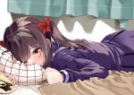 bed blush brown_eyes brown_hair byte_(allbyte) commentary face_in_pillow highres lying on_stomach original sana_(allbyte) school_uniform skirt solo twintails 